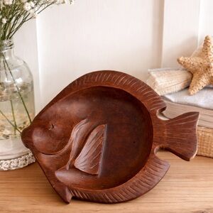 Vtg Teak Wood Fish Serving Tray Hand Carved Wood Bowl MCM Tiki Tropical Platter